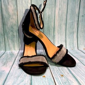 Neiman Marcus black jewelled fabric sandals ankle fringed strap block heel SZ 9